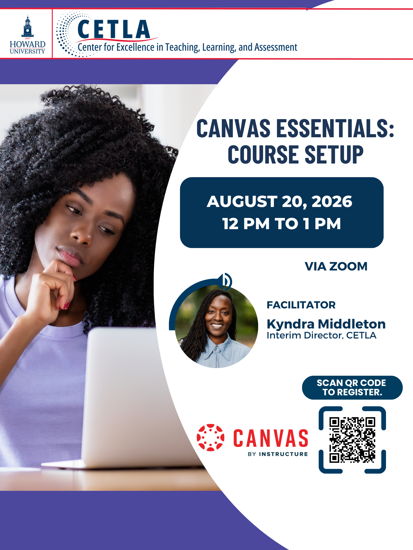 Banner for the 'Canvas Essentials: Course Setup' workshop offered by CETLA at Howard University on August 20 from 12–1 p.m. via Zoom.