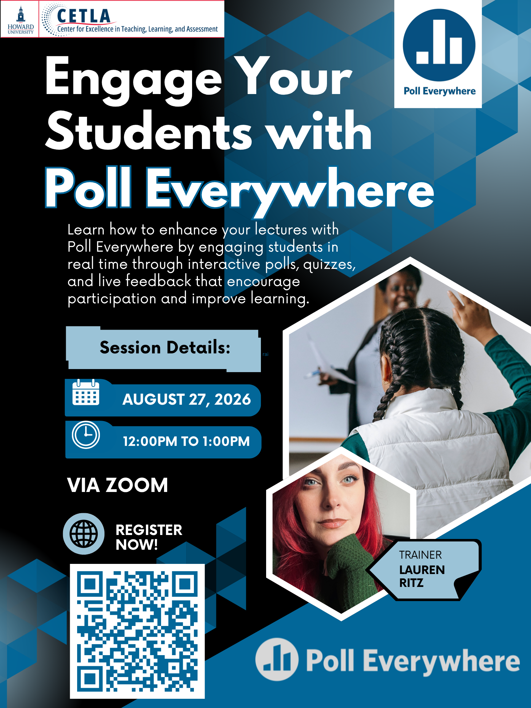 CETLA promotional flyer for “Engage Your Students with Poll Everywhere,” a virtual session on August 27, 2026, from 12–1 p.m., featuring trainer Lauren Ritz and a QR code for registration.