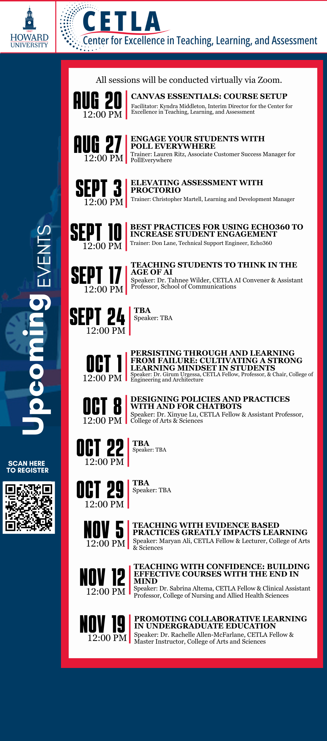 Event calendar from CETLA at Howard University highlighting upcoming faculty development workshops and training sessions.