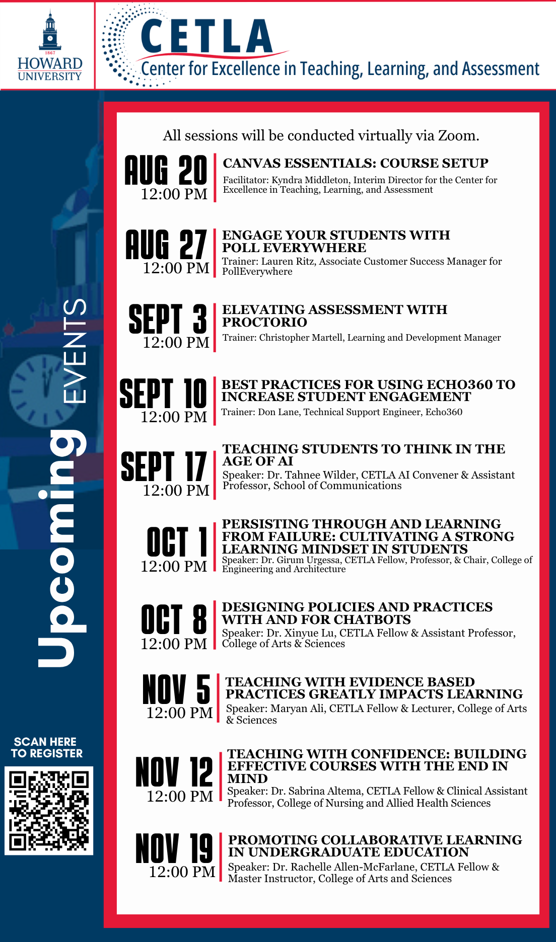 CETLA upcoming events calendar featuring virtual professional development sessions from August through November, including Canvas, AI, assessment, and student engagement topics. QR code provided for registration.