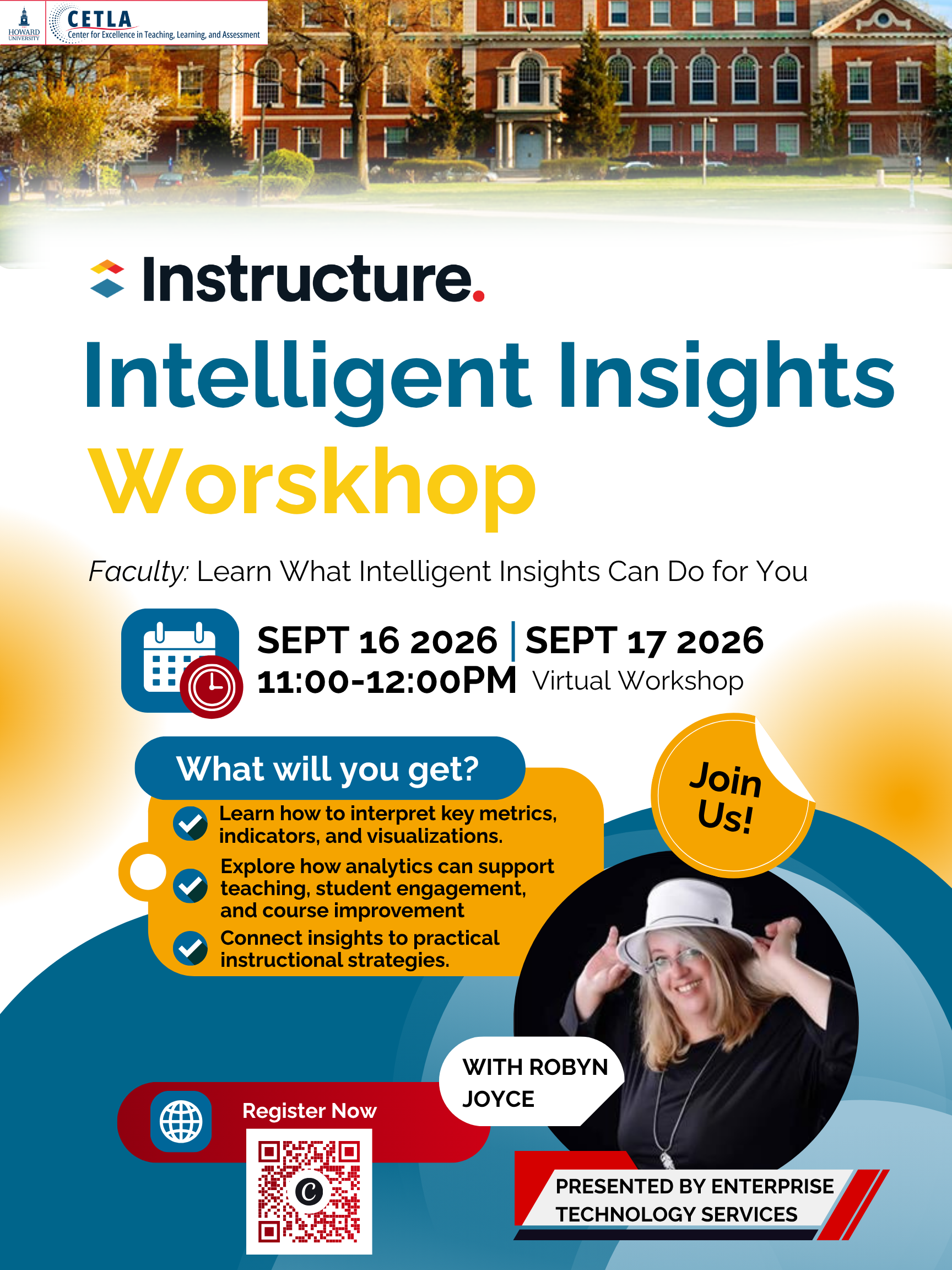 Promotional graphic for CETLA’s virtual workshop, “Intelligent Insights” taking place Wednesday, September 16, 2026, from 11:00–12:00 PM EST.