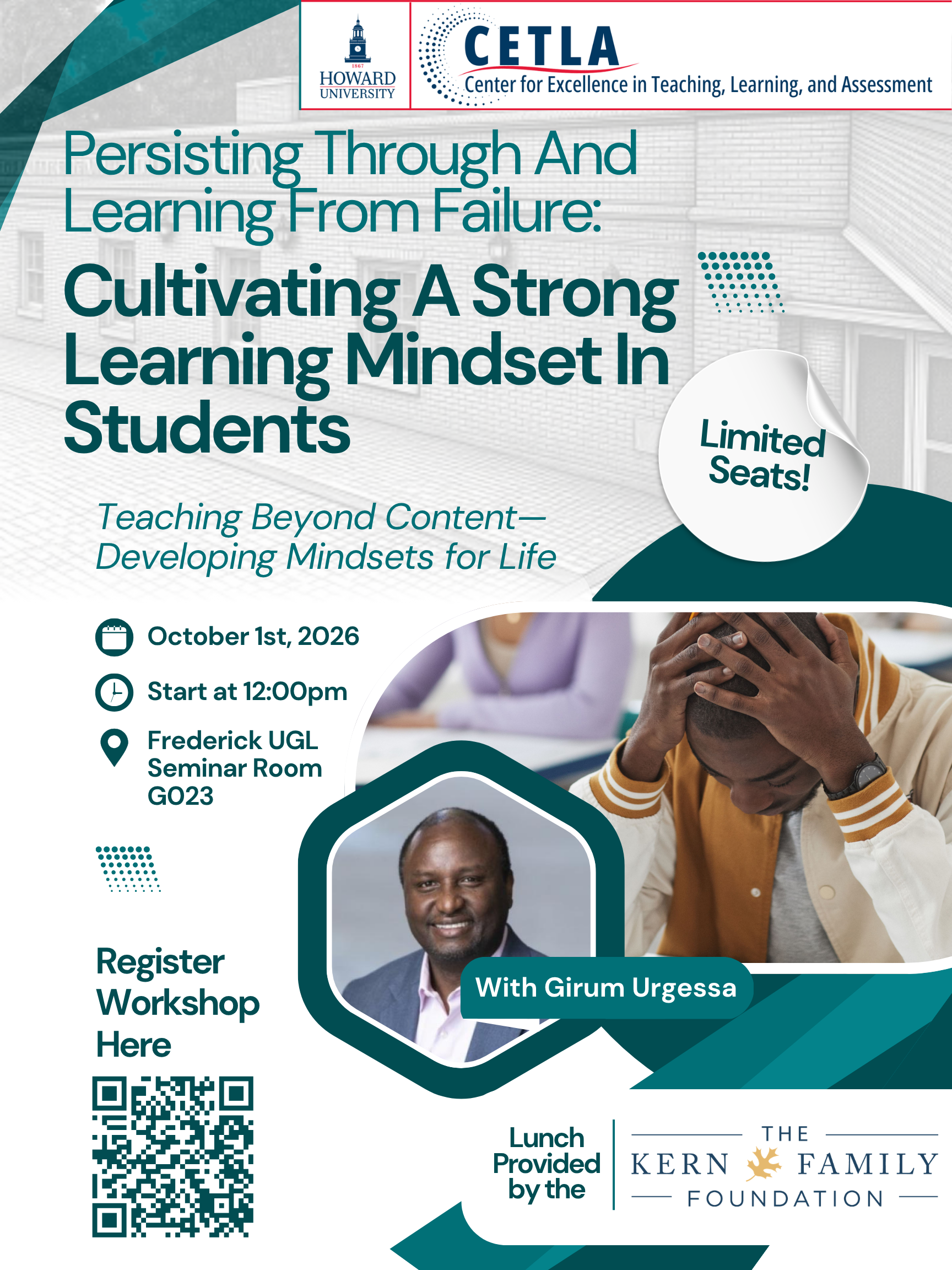 CETLA promotional flyer for “Persisting through and learning from failure: Cultivating a strong learning mindset in students,” an in person session on October 1, 2026, from 12–1 p.m.