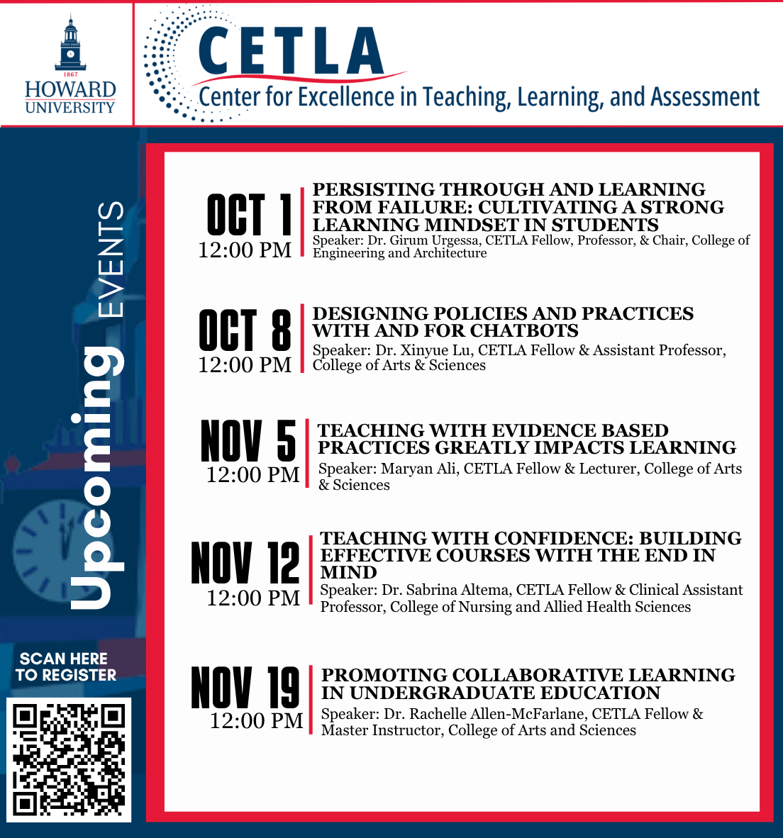 Event calendar from CETLA at Howard University highlighting upcoming faculty development workshops and training sessions.