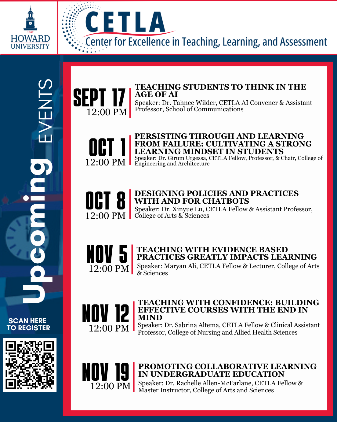 CETLA Upcoming Events flyer highlighting upcoming Howard University faculty development workshops, with event dates, topics, and registration information.