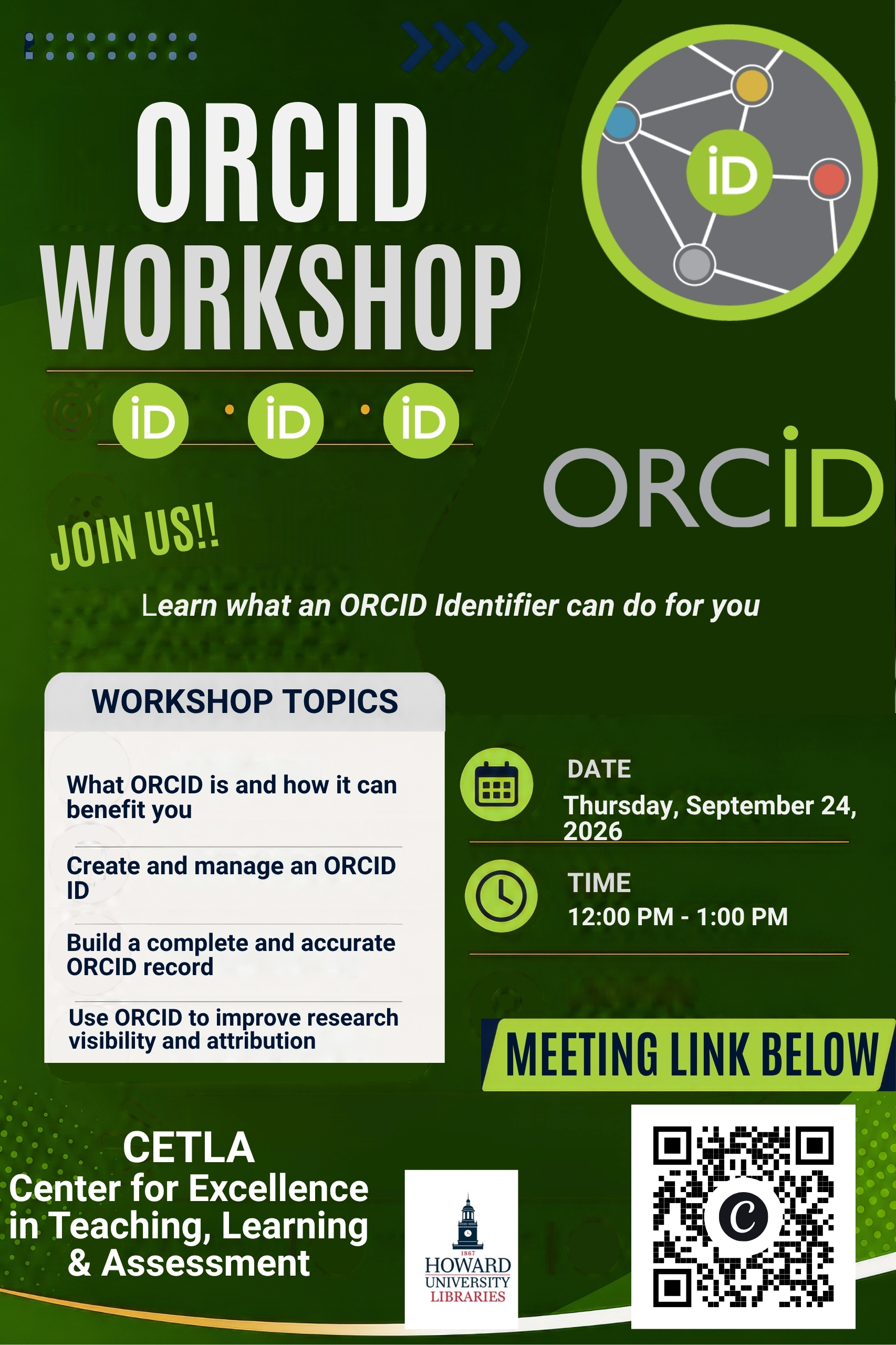 CETLA promotional flyer for “ORCID Workshop,” a virtual session on September 24, 2026, from 12–1 p.m.