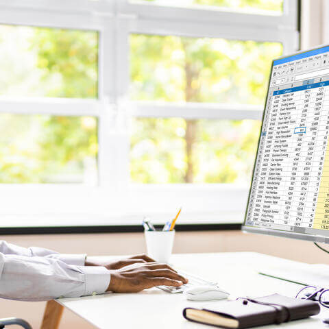 man at a computer with spreadsheet on monitor